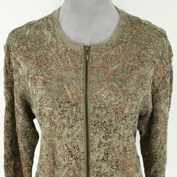 Chicos Sweater 1 Womens Medium 8 Green Full Zip Copper Metallic Stretch Knit - Picture 9 of 16